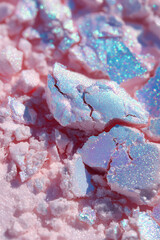  high-resolution close-up of a crushed duochrome shimmer eyeshadow in ethereal aura style. The main tone is a soft pastel pink with opalescent light-blue sparkle and holographic flecks