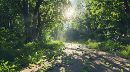 Serene Sunlit Forest Paths: Morning Light Filtering Through Lush Canopies