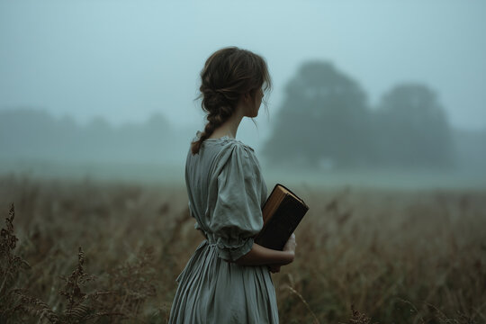 A young woman stands in a quiet field at dawn, her back turned to the viewer. She wears a soft vintage dress with puffed sleeves and a braid down her back. In her hands — a worn book