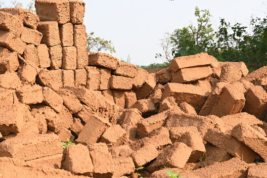 Raw clay bricks have soaked in water.
Sun dried mud bricks, ruined by getting soaked in rain water. Bricks production.