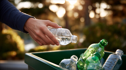 Eco-Friendly Recycling: Hand Discarding Plastic Bottle in Green Bin with Sunny Outdoor Background