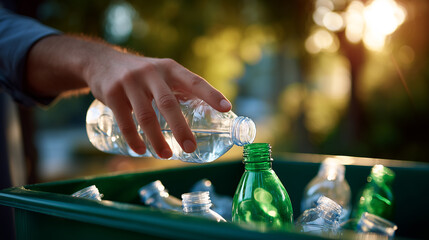 Eco-Friendly Recycling Habit - Hand Discarding Plastic Bottle in Green Bin Outdoors with Sunlight, Environmental Conservation Concept