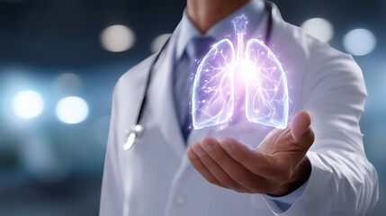 Advanced Medical Technology - Doctor Holding Holographic Lung Projection in Bright Clinic Setting