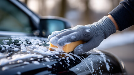 Detailed Close-up of Hand Cleaning Car with Soapy Sponge, Grey Gloves, and Foam - Side View Shot
