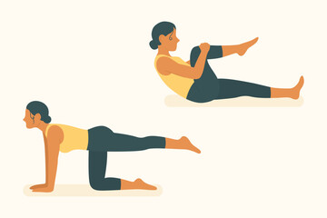 Tabletop stretch and knee hug poses used in pilates and yoga to develop flexibility, joint mobility, and core engagement