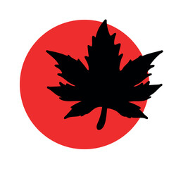 A black maple leaf silhouette against a red circle background. The design symbolizes nature and Canada, representing autumn and cultural identity.