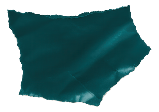 Ragged teal torn paper piece with rough edges, isolated on transparent background.