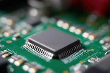 Close-up of computer motherboard with processor and circuits in focus