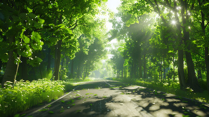 Serene Sunlit Forest Paths: Morning Light Filtering Through Lush Canopies