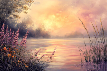 A Serene Landscape at Sunrise, with a Tranquil Lake Reflecting the Vibrant Hues of the Sky with High Resolution