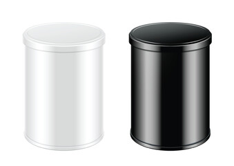 White and black cans with lids. Packing for coffee or loose products. Template For Mock up Your Design. vector illustration.