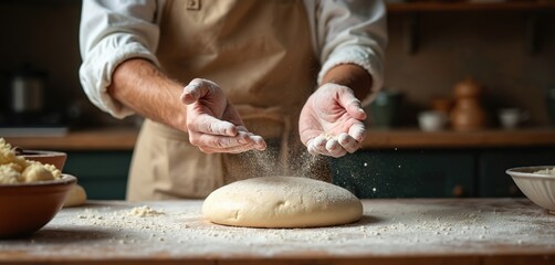 Expert baker prepares dough, kneading with flour in rustic kitchen. Culinary artisan workspace, chef hands dusting flour. Bread making, cooking food preparation, baking skills for receipe with