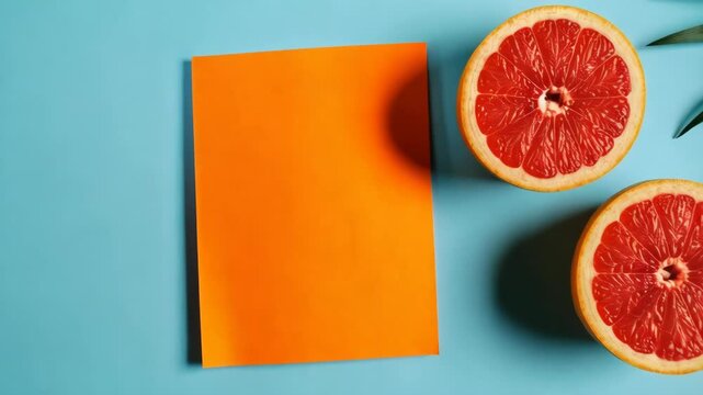 Vibrant grapefruit halves arranged with orange card and palm fronds on a light blue background for minimalist style