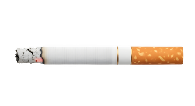 A burning cigarette with ash detail against a transparent background a close-up studio shot of smoking habit and tobacco product