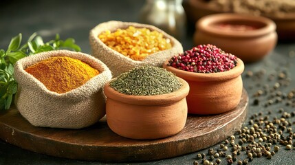 Colorful assortment of spices in fabric bags and clay bowls, showcasing natural ingredients for culinary use and vibrant cooking inspiration.