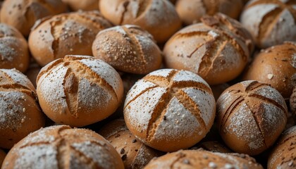 Close up of freshly baked round bread rolls with flour dusting and crusty texture