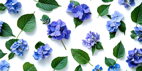 Beautiful an Intricate Pattern of Blue and Purple Flowers, Interspersed with Lush Green Leaves, Set Against a Clean White Background