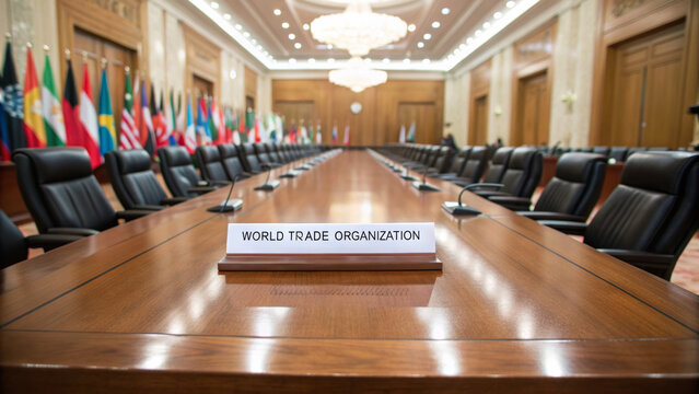 Diplomatic trade discussion concept. Conference room of the World Trade Organization with empty chairs and flags.