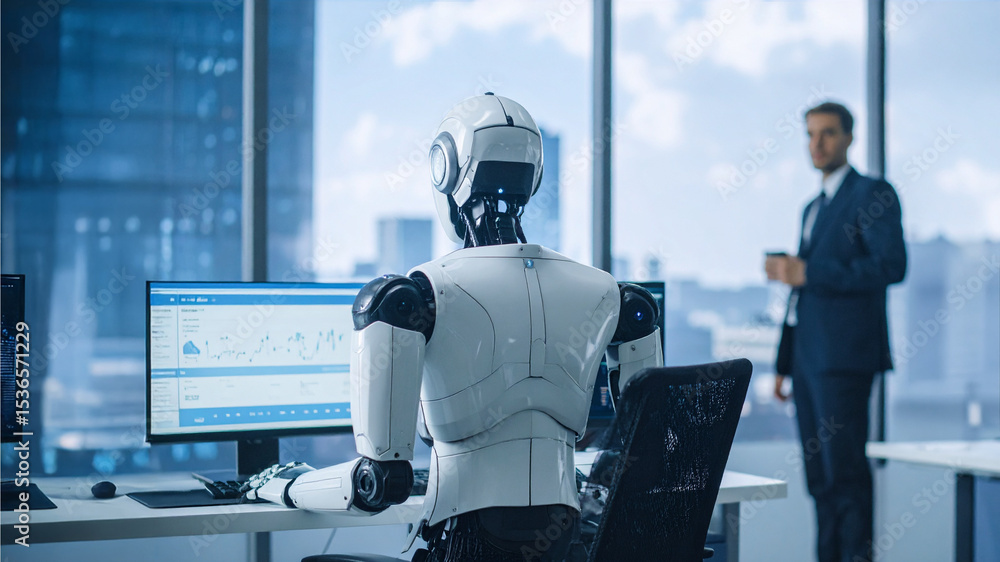 Poster a futuristic office scene depicting a robot working on a computer, with a man standing in the backgr