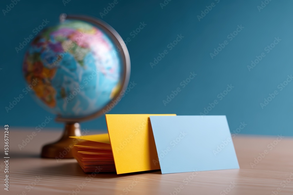Poster language learning concept with flashcards and globe on table