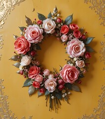Floral arch on coral backdrop, paisley shadows and mirror insets.	