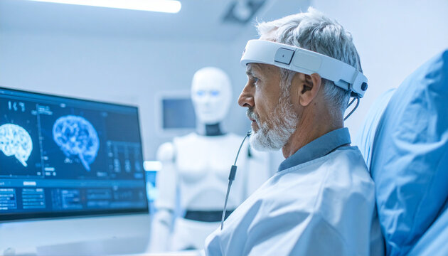 A senior patient undergoing brain scan with advanced technology. A medical scene depicting health and science