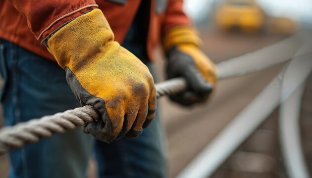 Close-up of gloved hands gripping metal rope. Laborer hands during construction. Showing hard work industry. Safety harness and heavy equipment, construction site, road works, metal tools.
