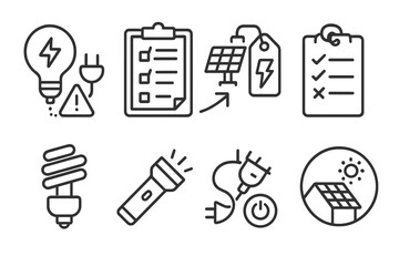 Eco Home Icons. Line style icons of eco home habits: energy blackout plan icon, off-grid setup chart, emergency battery tag, power
