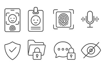 Mobile Banking Icons. Line style icons of mobile banking solutions: biometric login icon, face ID tag, fingerprint scan chart,