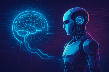 AI Brain Connected to Humanoid Robot in Neon Circuit Network