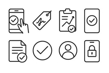 Mobile Banking Icons. Line style icons of mobile banking solutions: remote approval icon, e-signature tag, agreement chart,