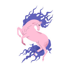 Fire horse jumping, flying. Fiction fiery energetic stallion in flight with flowing mane and tail. Beautiful equine animal energy and power. Flat vector illustration isolated on white background