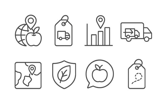 Ethical Consumption Icons. Line style icons of ethical consumption: food miles tracker icon, delivery impact tag, local source