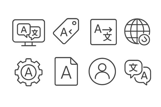 Digital Inclusion Icons. Line style icons of digital inclusion: multilingual interface icon, language toggle tag, translation