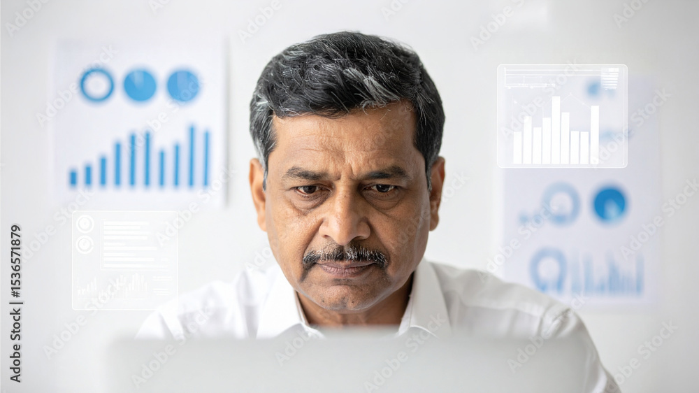Poster focused professional at work, analyzing data for business decision-making. he exudes seriousness and
