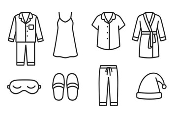 Sleepwear Icons Collection. Line style icons of sleepwear: pajamas, nightgown, sleep shirt, robe. eye mask, slippers, pajama pants