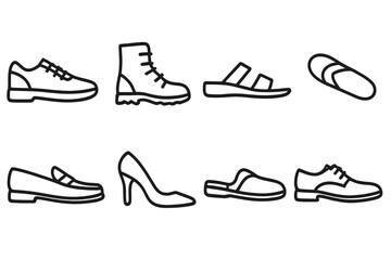 Footwear Line Icons. Line style icons of footwear: sneakers, boots, sandals, flip-flops. loafers, high heels, slippers, dress