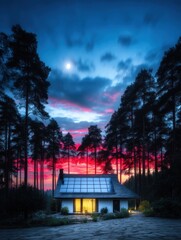 Fototapeta premium Cozy cabin at twilight in a forest