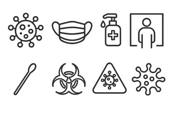 Infectious Disease Icons. Line style icons of infectious disease care: virus cell, face mask, hand sanitizer, isolation icon. test