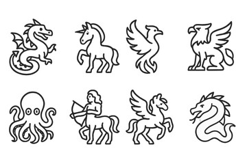 Mythical Animal Icons. Line style icons of mythical animals: dragon, unicorn, phoenix, griffin. kraken, centaur, pegasus, basilisk