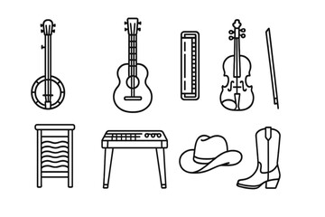 Fototapeta premium Country Music Essentials. Line style icons of country music gear: banjo, acoustic guitar, harmonica, fiddle. washboard, steel