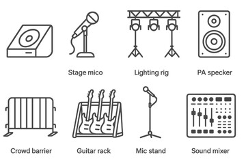 Concert Setup Icons. Line style icons of live concert setup: stage monitor, stage mic, lighting rig, PA speaker. crowd barrier,