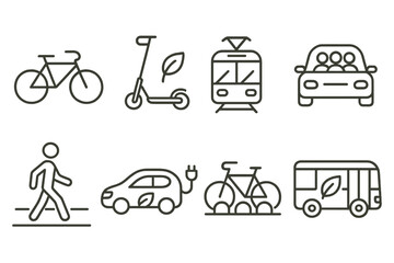 Eco Transport Icons. Line style icons of eco transport: bicycle, electric scooter, tram, carpool. pedestrian path, electric car,