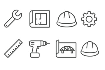 Fototapeta premium Engineering Icons Collection. Line style icons of engineering jobs: wrench, blueprint, construction helmet, mechanical gear. ruler
