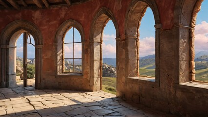 Rustic Stone Room with Arched Windows Overlooking a Picturesque Landscape, A beautifully lit rustic stone room featuring arched windows showcasing a stunning view of the surrounding countryside