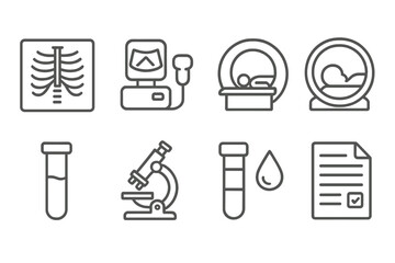 Diagnostic Icons in Line. Line style icons of diagnostics: X-ray image, ultrasound device, MRI scanner, CT scan icon. test tube,