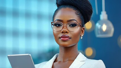 Professional businesswoman holding tablet, standing confidently corporate sleek urban office complex, near embodying success