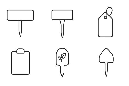 Plant Label Icons. Line style icons of plant labeling: name tag, stick label, chalkboard marker, hanging tag. printed label, herb
