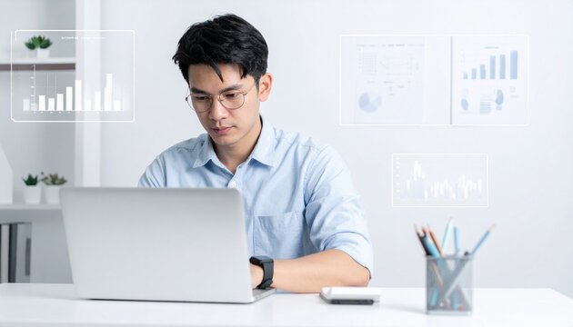 A businessman working on his laptop in a modern office setting