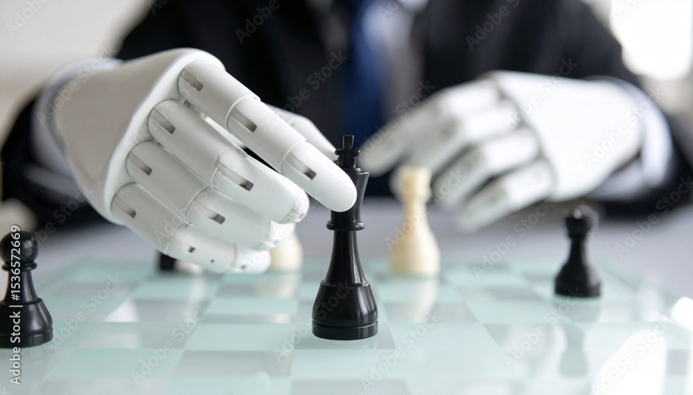 Poster a detailed shot of a mechanical hand playing chess. a robotic arm strategically moves a black chess 